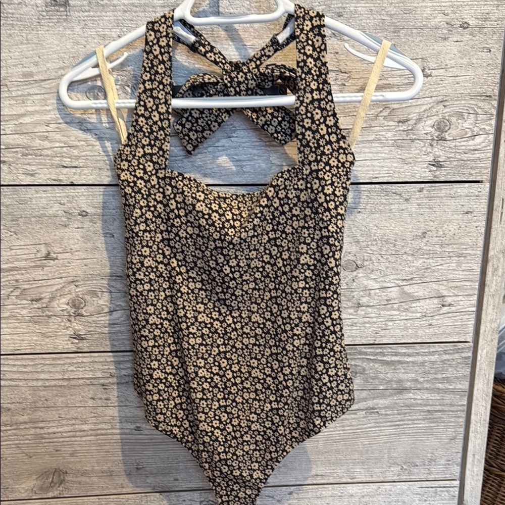 Free People Floral Black and Cream Bodysuit